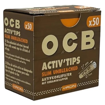 FILTRO DE CARVÃO ATIVADO OCB SLIM UNBLEACHED ACTIV 7mm caixa com 50 filtros